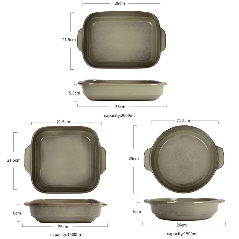 Round&Square Glaze Stoneware Oven Baking Dish Plate Set w/ Handle