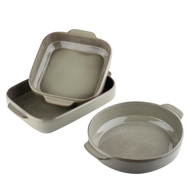 Round&Square Glaze Stoneware Oven Baking Dish Plate Set w/ Handle