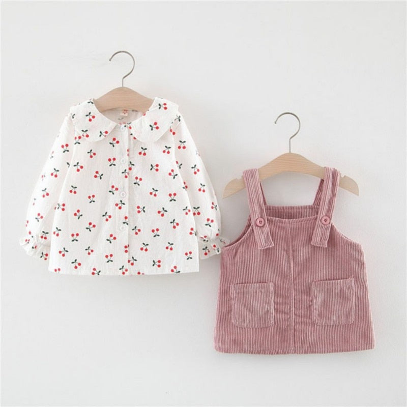 Kid Baby Girls Doll Collar Cartoon Cherry Print Long-sleeved T-shirt Top + Corduroy Strap Dress Children's Sets