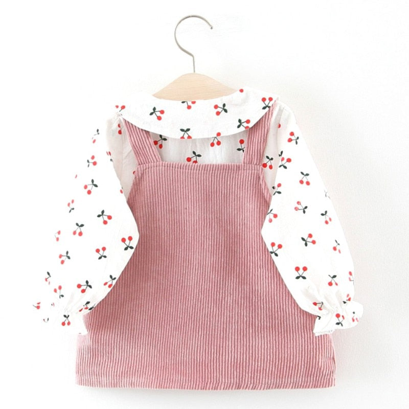 Kid Baby Girls Doll Collar Cartoon Cherry Print Long-sleeved T-shirt Top + Corduroy Strap Dress Children's Sets