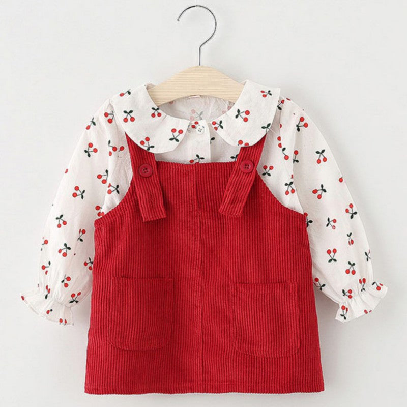 Kid Baby Girls Doll Collar Cartoon Cherry Print Long-sleeved T-shirt Top + Corduroy Strap Dress Children's Sets