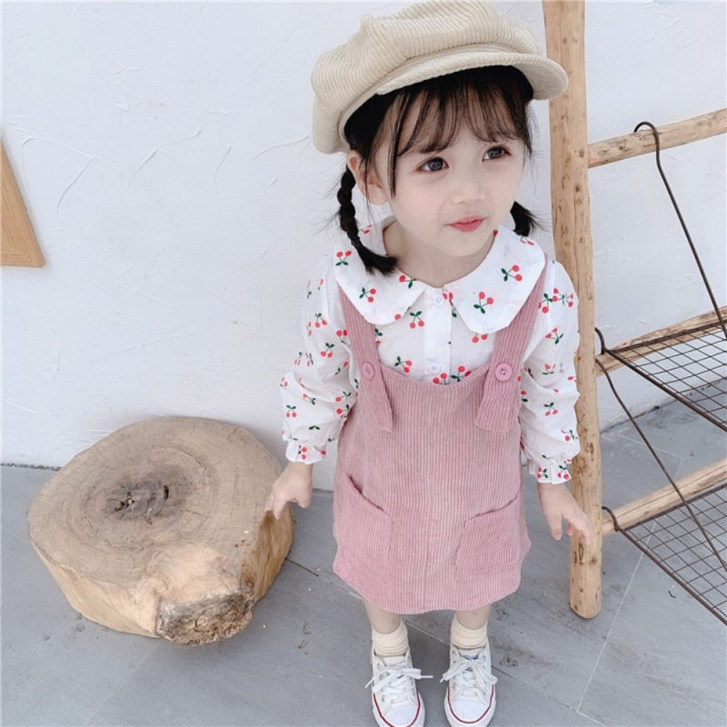 Kid Baby Girls Doll Collar Cartoon Cherry Print Long-sleeved T-shirt Top + Corduroy Strap Dress Children's Sets