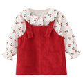 Kid Baby Girls Doll Collar Cartoon Cherry Print Long-sleeved T-shirt Top + Corduroy Strap Dress Children's Sets