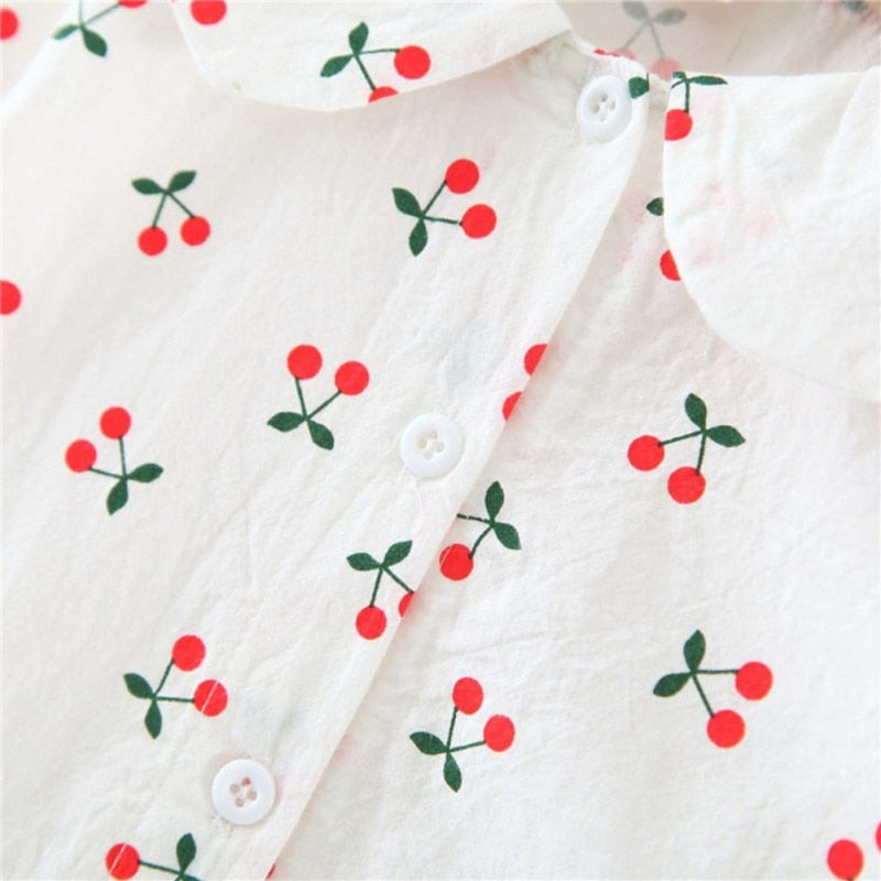 Kid Baby Girls Doll Collar Cartoon Cherry Print Long-sleeved T-shirt Top + Corduroy Strap Dress Children's Sets