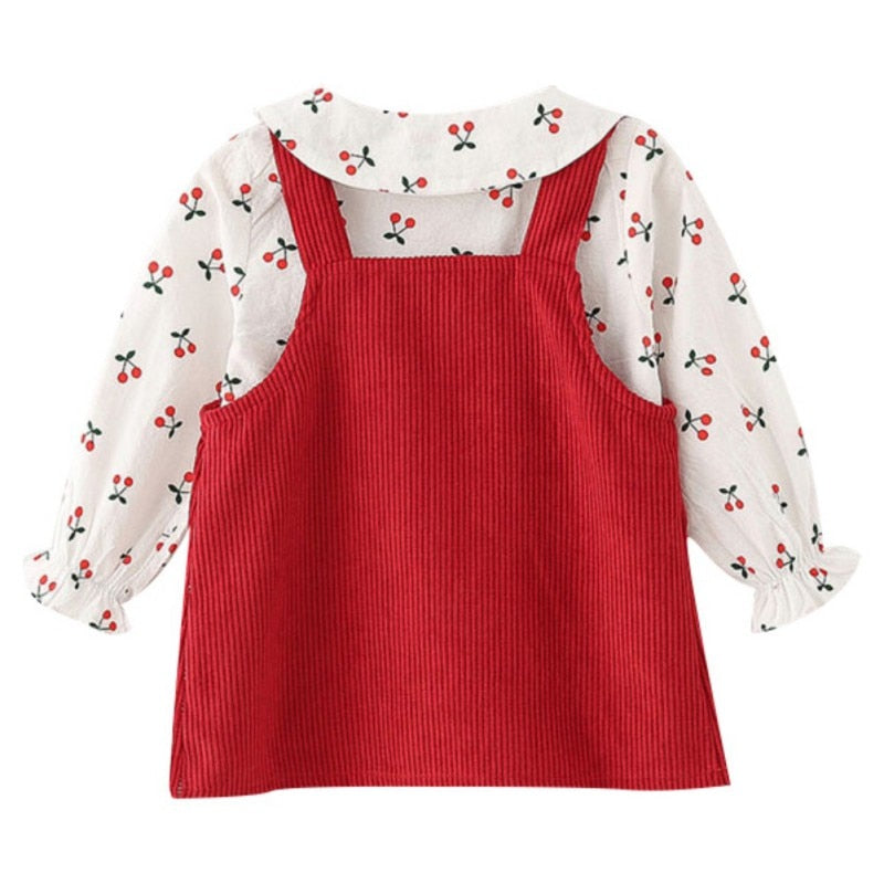 Kid Baby Girls Doll Collar Cartoon Cherry Print Long-sleeved T-shirt Top + Corduroy Strap Dress Children's Sets