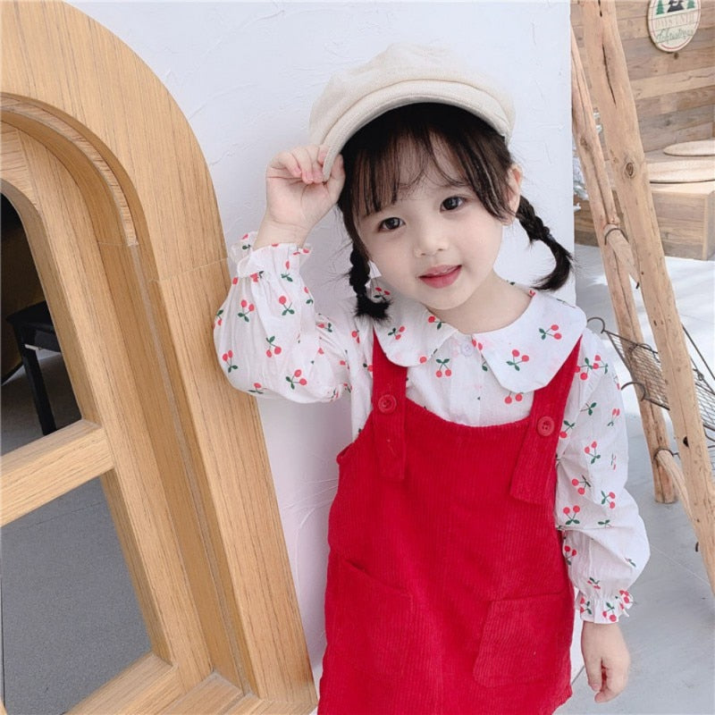 Kid Baby Girls Doll Collar Cartoon Cherry Print Long-sleeved T-shirt Top + Corduroy Strap Dress Children's Sets