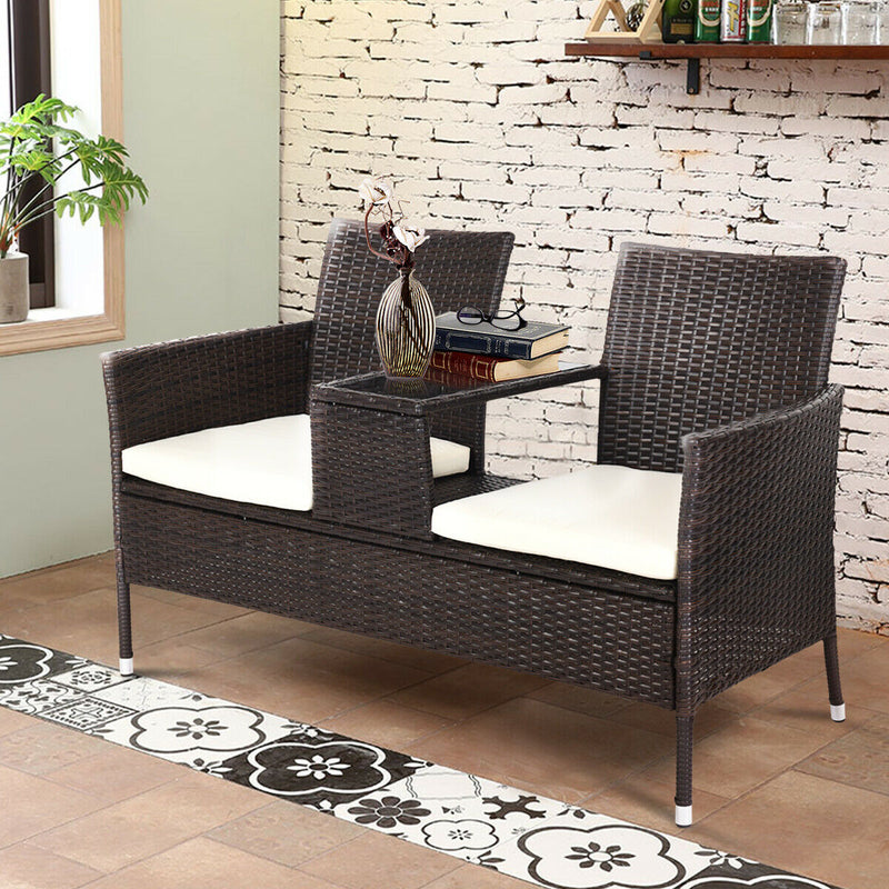 Patio Rattan Chat Set Seat Sofa Loveseat Table Chairs Conversation Cushioned