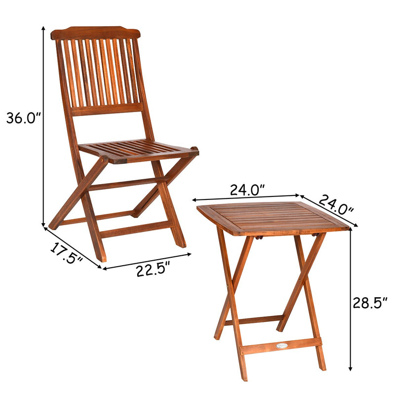 3PCS Patio Folding Wooden Bistro Set Cushioned Chair Conversation