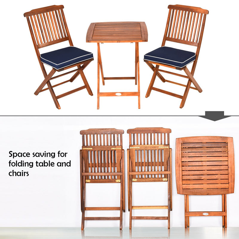 3PCS Patio Folding Wooden Bistro Set Cushioned Chair Conversation