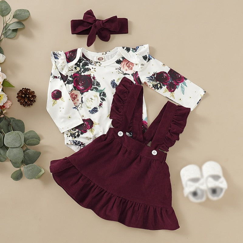 Baby Clothes Long Flare Sleeve Flower Pattern Girl Romper+Strap Skirt+Headband Autumn Warm Casual Children\'s Set