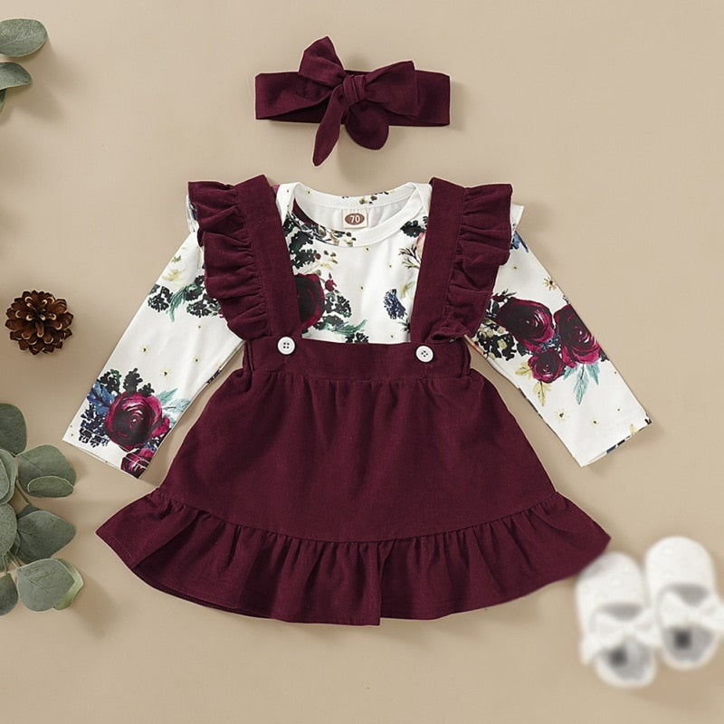 Baby Clothes Long Flare Sleeve Flower Pattern Girl Romper+Strap Skirt+Headband Autumn Warm Casual Children\'s Set