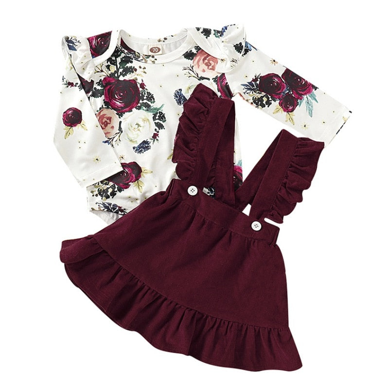 Baby Clothes Long Flare Sleeve Flower Pattern Girl Romper+Strap Skirt+Headband Autumn Warm Casual Children\'s Set