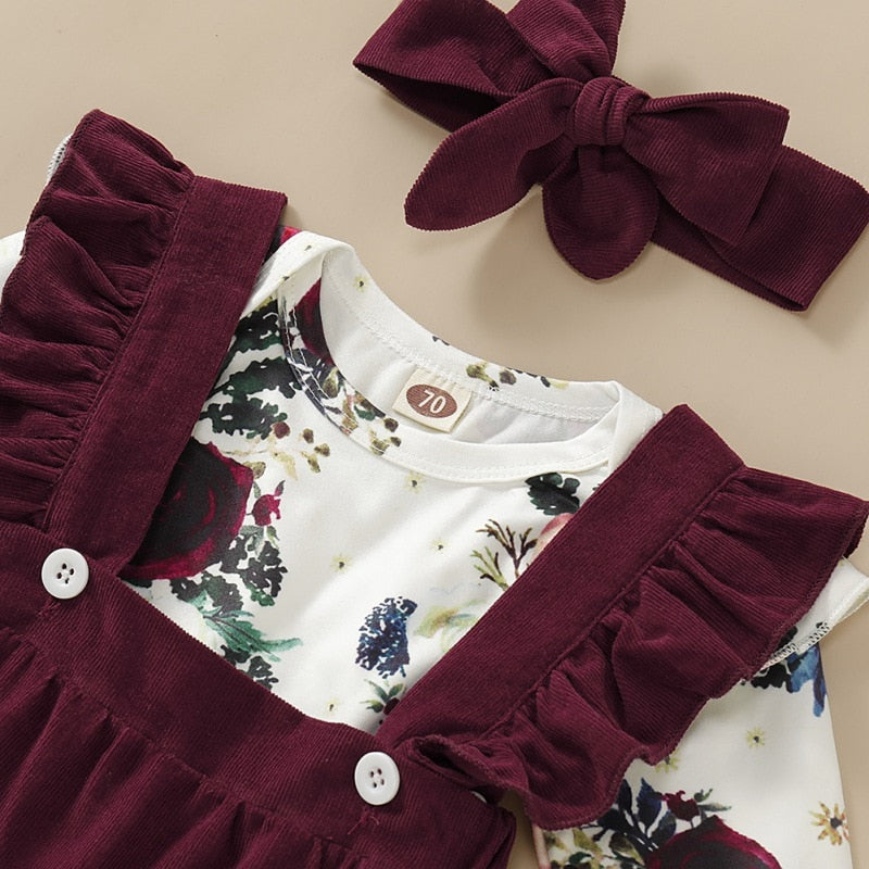 Baby Clothes Long Flare Sleeve Flower Pattern Girl Romper+Strap Skirt+Headband Autumn Warm Casual Children\'s Set