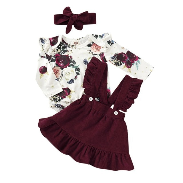 Baby Clothes Long Flare Sleeve Flower Pattern Girl Romper+Strap Skirt+Headband Autumn Warm Casual Children\'s Set