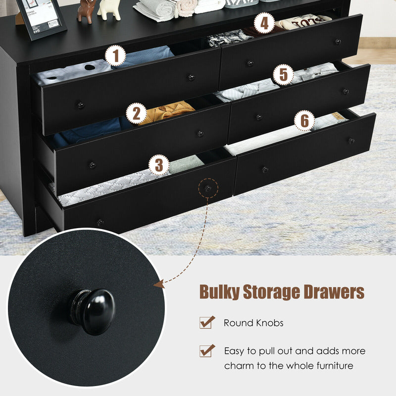 6 Drawer Double Dresser Chest of Drawers Storage Cabinet for Living Room Bedroom HW66322BK+
