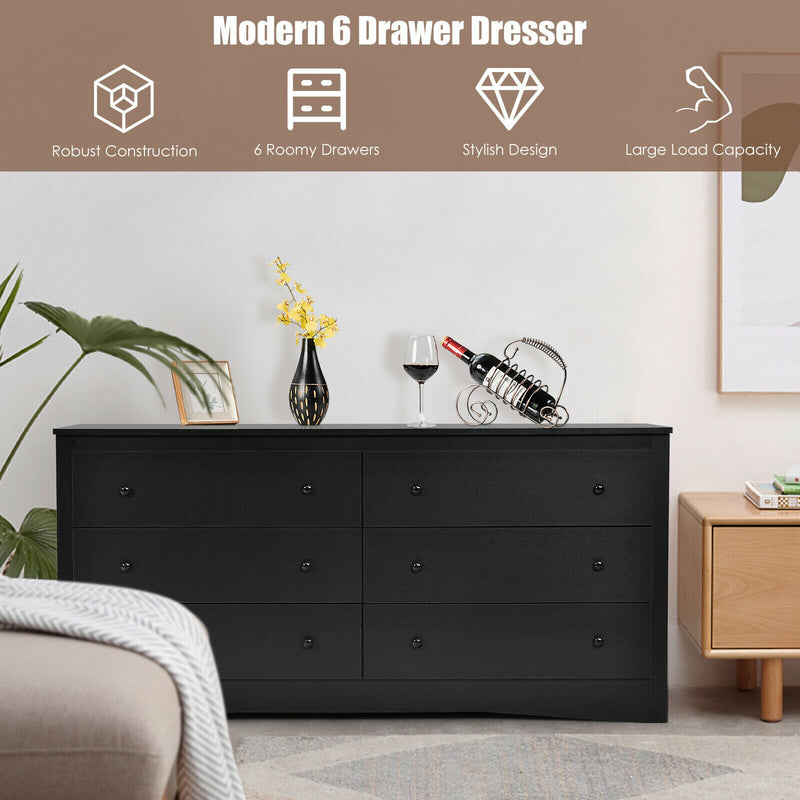 6 Drawer Double Dresser Chest of Drawers Storage Cabinet for Living Room Bedroom HW66322BK+