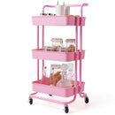 3 Tier Rolling Cart W/Wheels Practical Handle&ABS Storage Basket Organizer Pink