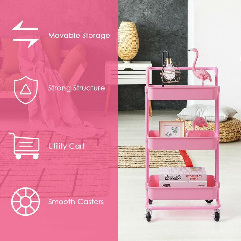 3 Tier Rolling Cart W/Wheels Practical Handle&ABS Storage Basket Organizer Pink