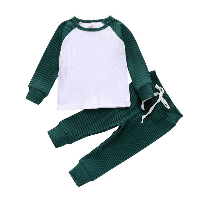 Children\'s Clothing Knitted Pit Stripe Contrast Color Blouse Long Sleeves Trousers Two-piece Suit