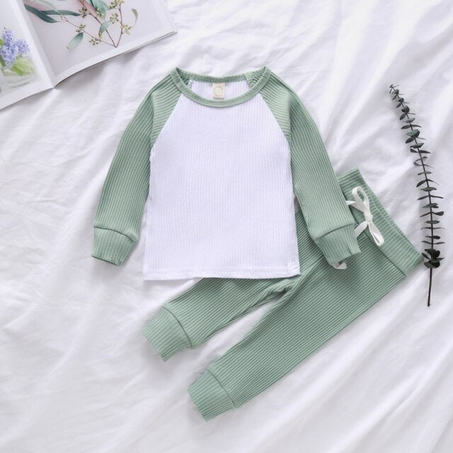 Children\'s Clothing Knitted Pit Stripe Contrast Color Blouse Long Sleeves Trousers Two-piece Suit