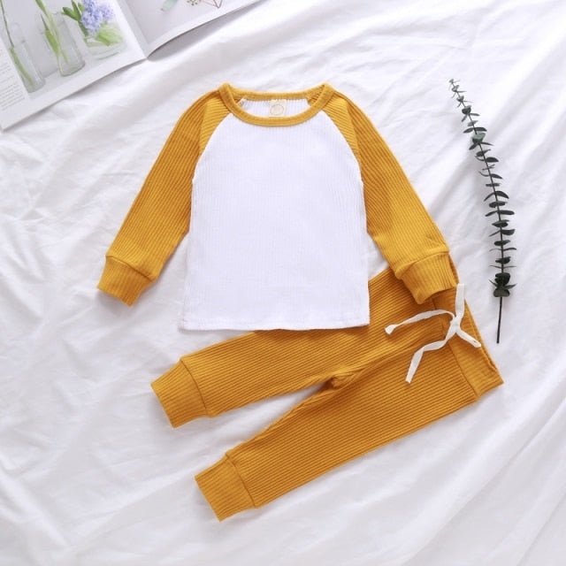 Children\'s Clothing Knitted Pit Stripe Contrast Color Blouse Long Sleeves Trousers Two-piece Suit