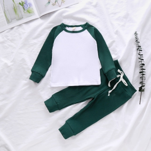 Children\'s Clothing Knitted Pit Stripe Contrast Color Blouse Long Sleeves Trousers Two-piece Suit