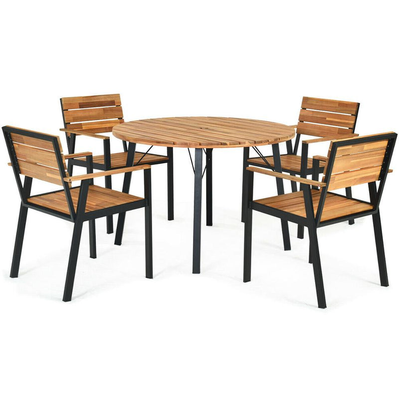 5PCS Patio Dining Chair Set Acacia Wood Round Table w/Umbrella Hole Garden Deck