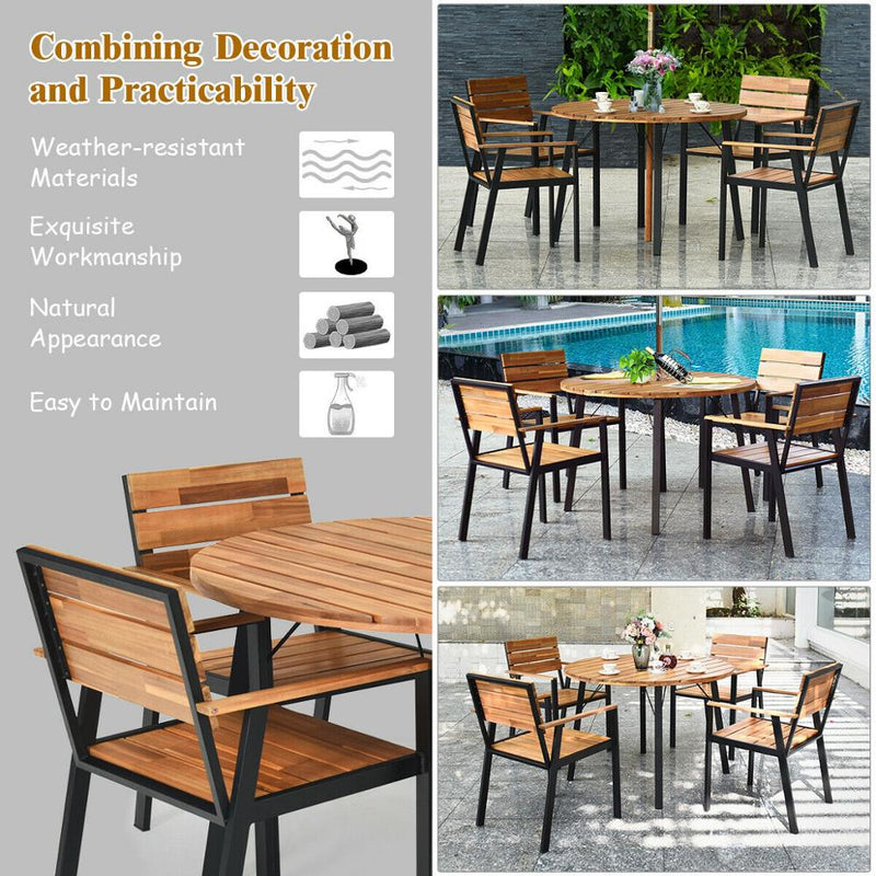 5PCS Patio Dining Chair Set Acacia Wood Round Table w/Umbrella Hole Garden Deck