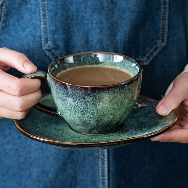 Starry Green Ceramic Coffee Cup and Saucer Set Stoneware