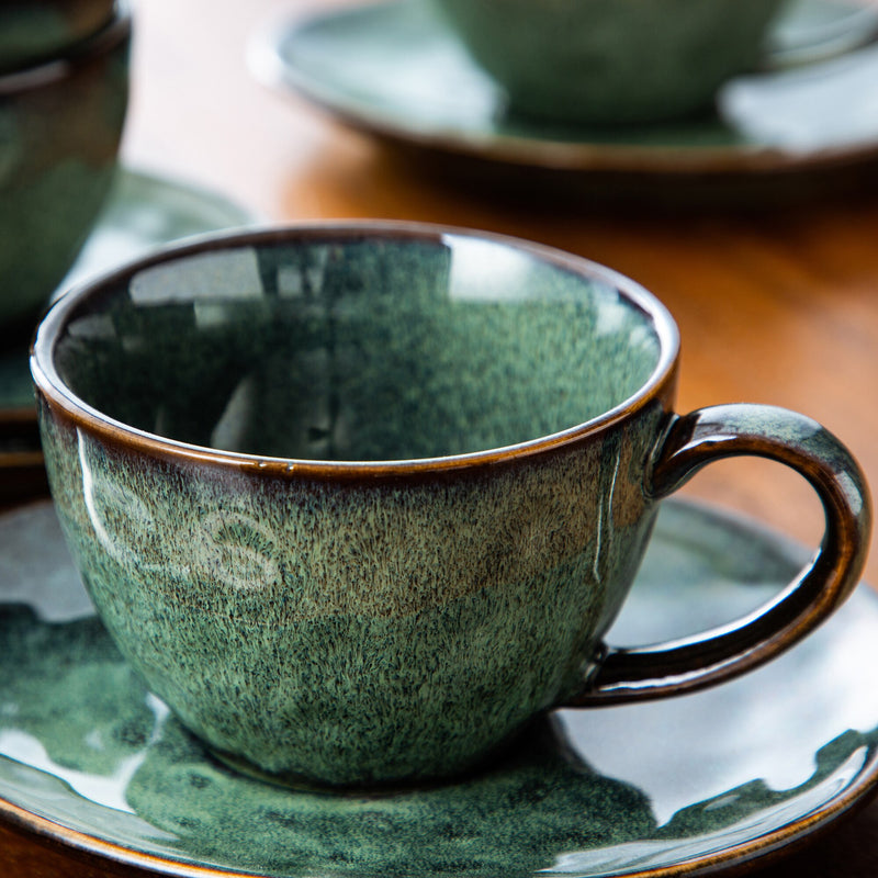 Starry Green Ceramic Coffee Cup and Saucer Set Stoneware