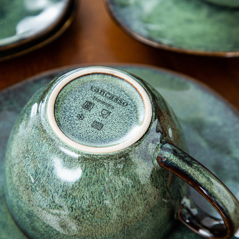 Starry Green Ceramic Coffee Cup and Saucer Set Stoneware