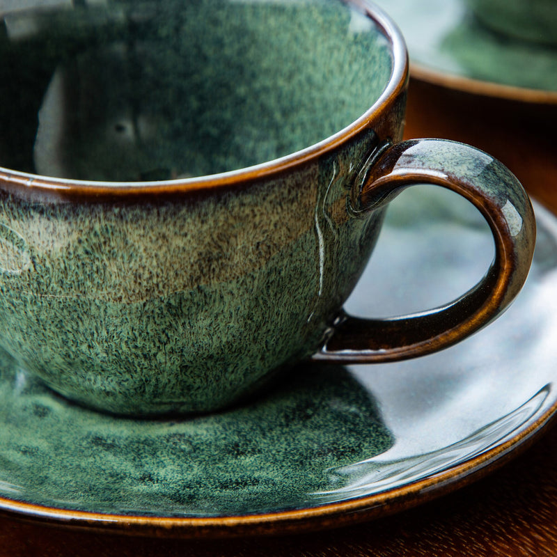 Starry Green Ceramic Coffee Cup and Saucer Set Stoneware