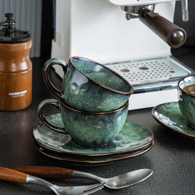 Starry Green Ceramic Coffee Cup and Saucer Set Stoneware