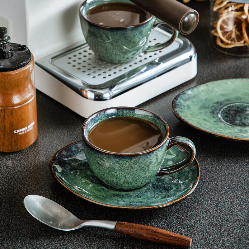 Starry Green Ceramic Coffee Cup and Saucer Set Stoneware