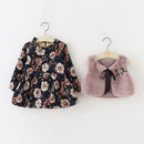 Baby Girls Winter Dress Coats Princess Fur Vest with Long Sleeve Floral Fleece Dress