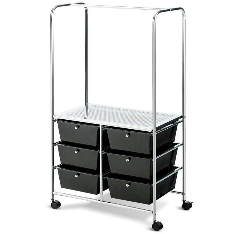 6 Drawer Rolling Storage Cart w/Hanging Bar Office School Organizer HW65858