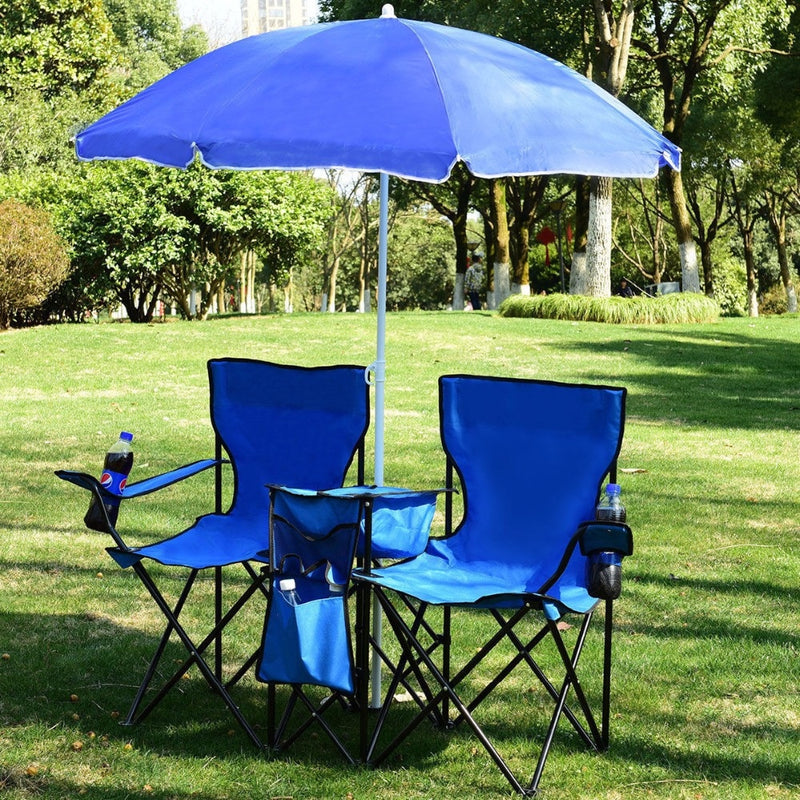 Portable Folding Picnic Double Chair W/Umbrella Table Cooler Beach Camping Chair Outdoor Furniture OP70621