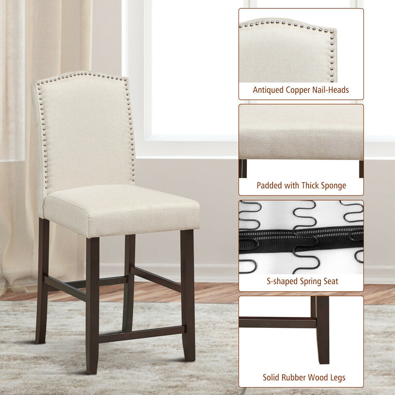 Set of 2 Fabric Barstools Nail Head Trim Counter Height Dining Side Chairs Beige/Grey