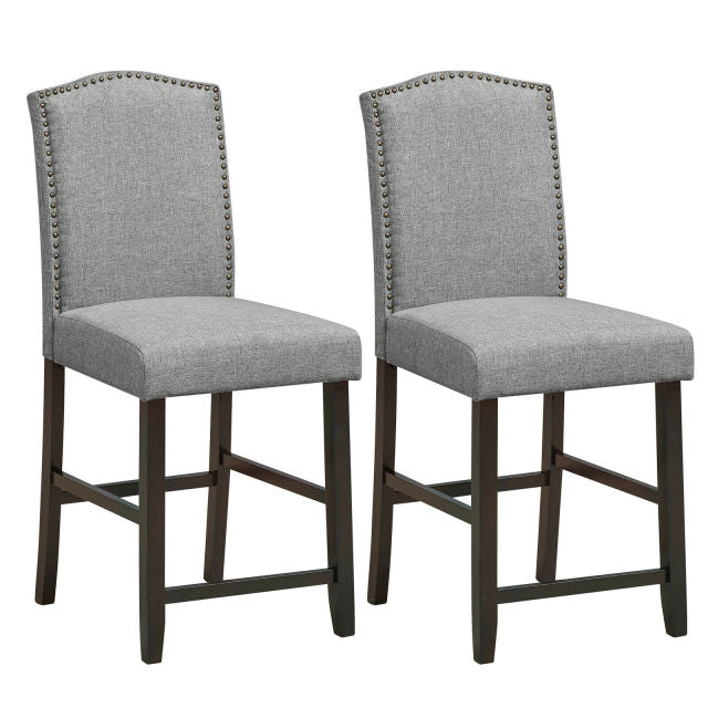 Set of 2 Fabric Barstools Nail Head Trim Counter Height Dining Side Chairs Beige/Grey