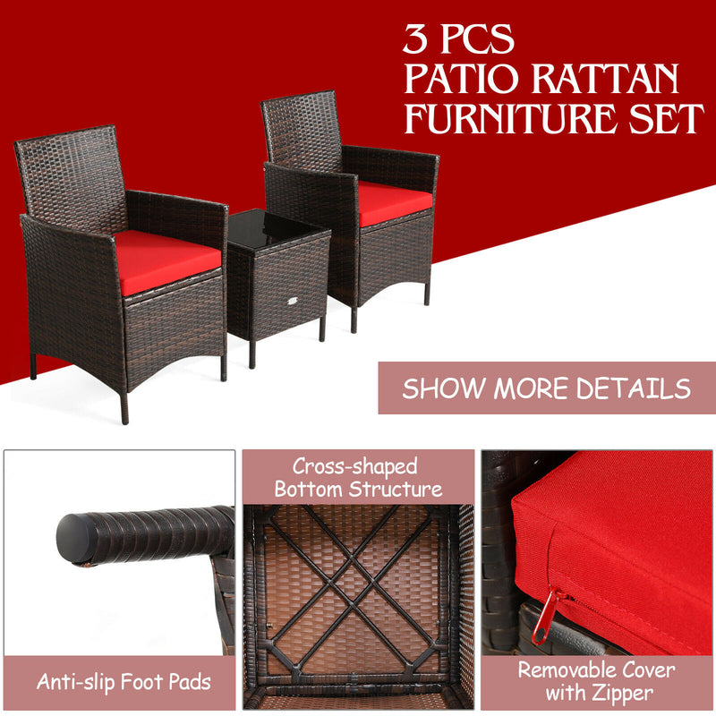 3PCS Patio Rattan Furniture Set Cushioned Sofa Glass Tabletop Deck Red/Blue  HW67050
