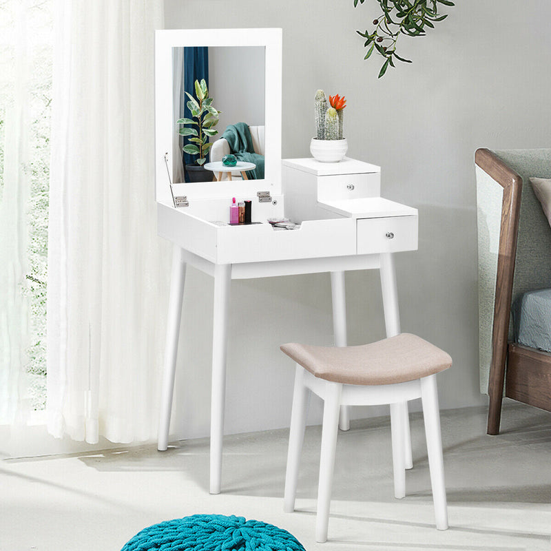 Dressing Table Set Flip Mirror Desk Furniture Stool W/ 2 Drawer White HW65961