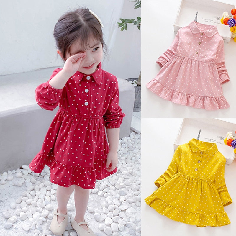 Autumn Casual Baby Girls Dot Print Long Sleeve Dress Kids Toddler Party Princess Dress Colourful