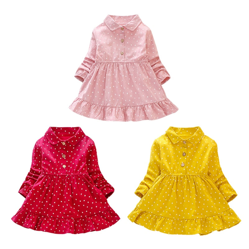 Autumn Casual Baby Girls Dot Print Long Sleeve Dress Kids Toddler Party Princess Dress Colourful