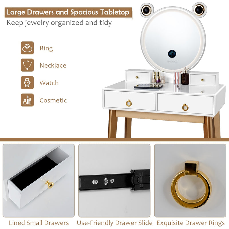Dressing Table Set Touch Screen Dimming Mirror W/Bluetooth Speakers HW65992US-WH
