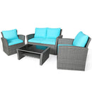 4PCS Patio Rattan Furniture Set Sofa Table W/Storage Shelf Turquoise/Red/Gray