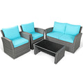 4PCS Patio Rattan Furniture Set Sofa Table W/Storage Shelf Turquoise/Red/Gray