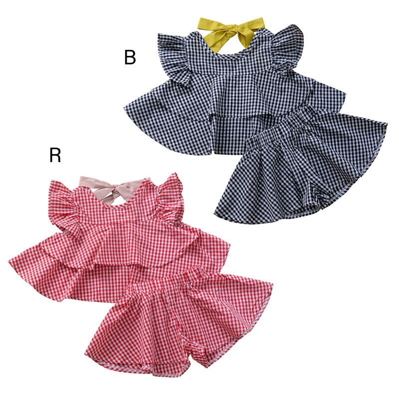 Children Set Baby Girls Casual Flare Sleeve Short T-shirt Tops+Paild Shorts With Bowknot Sashes