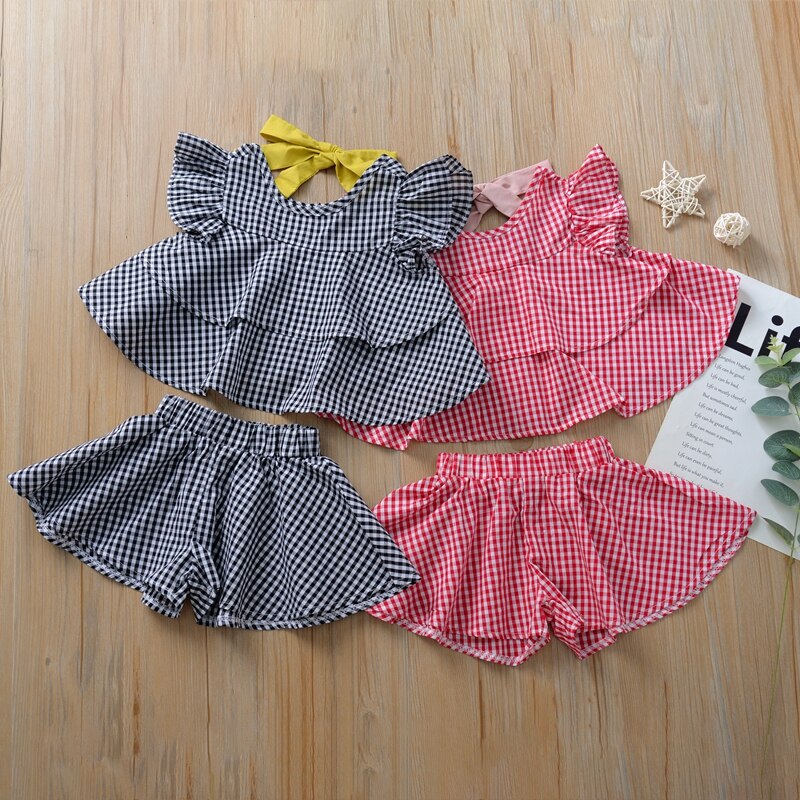 Children Set Baby Girls Casual Flare Sleeve Short T-shirt Tops+Paild Shorts With Bowknot Sashes