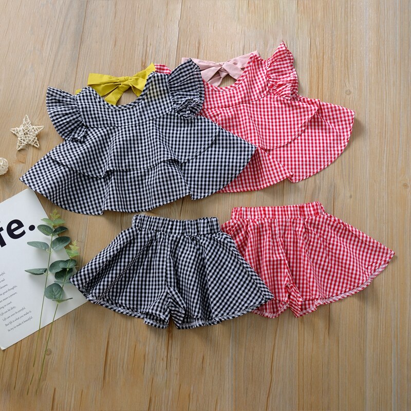 Children Set Baby Girls Casual Flare Sleeve Short T-shirt Tops+Paild Shorts With Bowknot Sashes