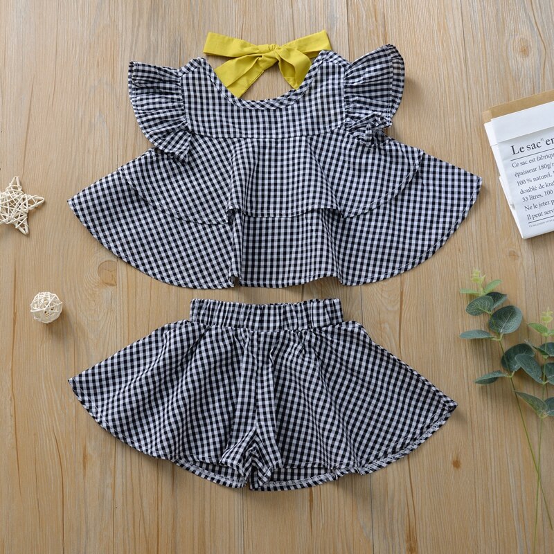 Children Set Baby Girls Casual Flare Sleeve Short T-shirt Tops+Paild Shorts With Bowknot Sashes